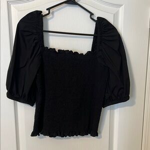 INC International Concepts Black Puff Sleeve Smocked Blouse